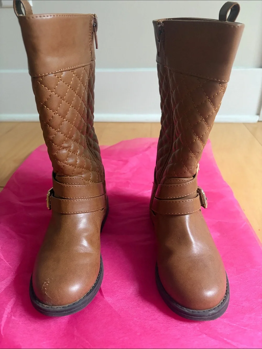 Dream Pairs Brown Quilted Girls Mid-Calf Buckle Boots